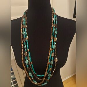 Boho Multi-Strand Turquoise & Brass Colored Bead Necklace